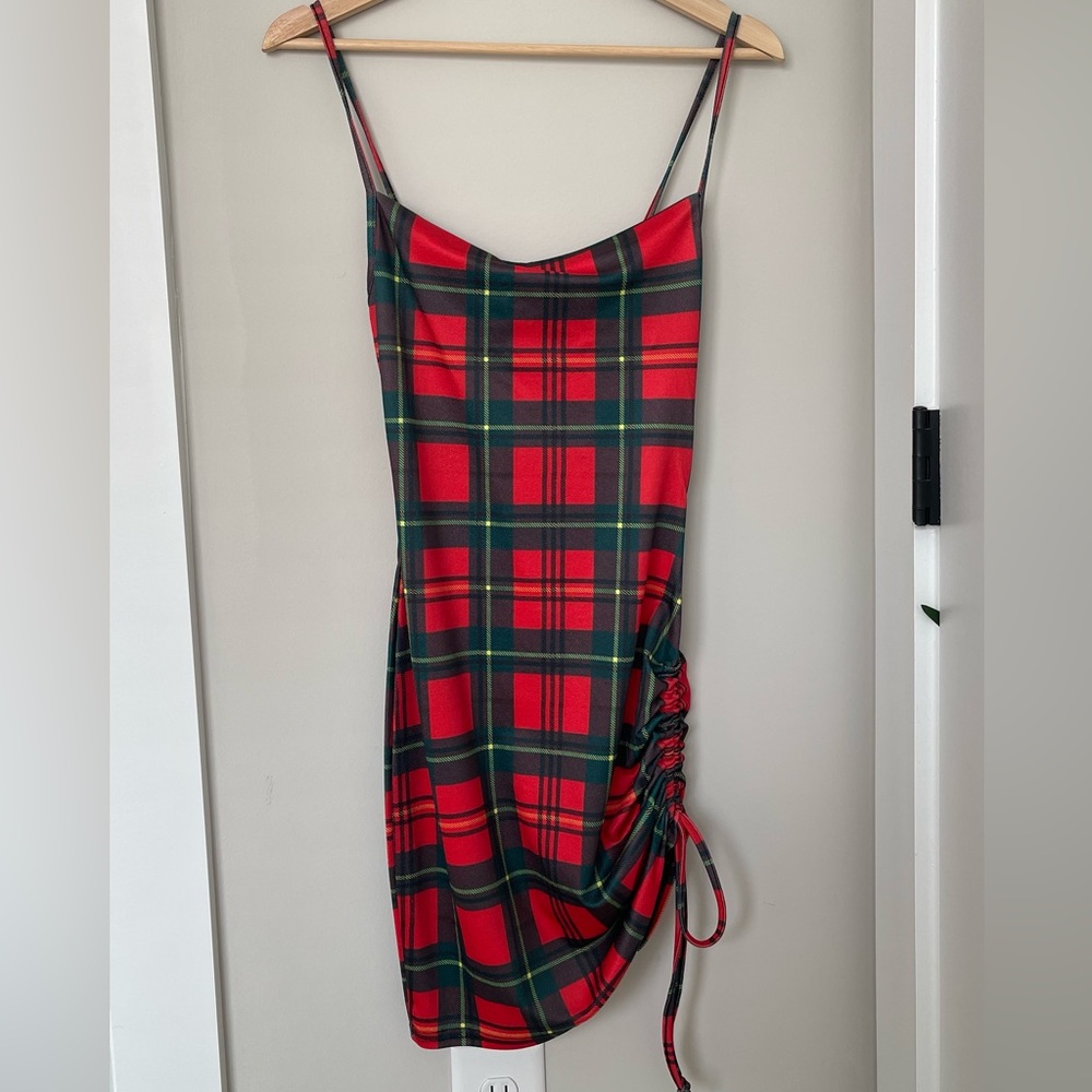 Red Tartan Cowl Neck Ruched Side Bodycon Dress